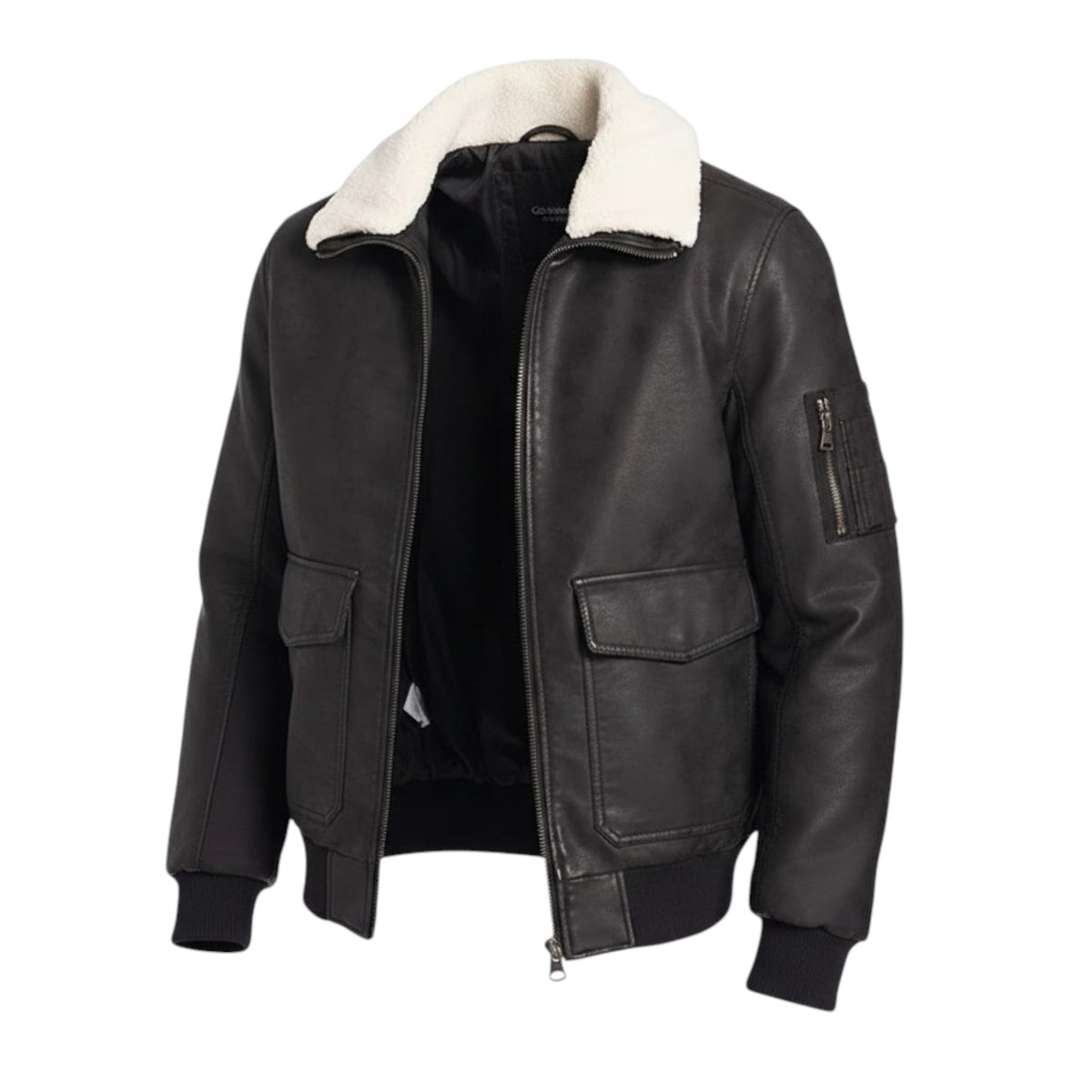 Black leather jacket with white fur collar on a white background
