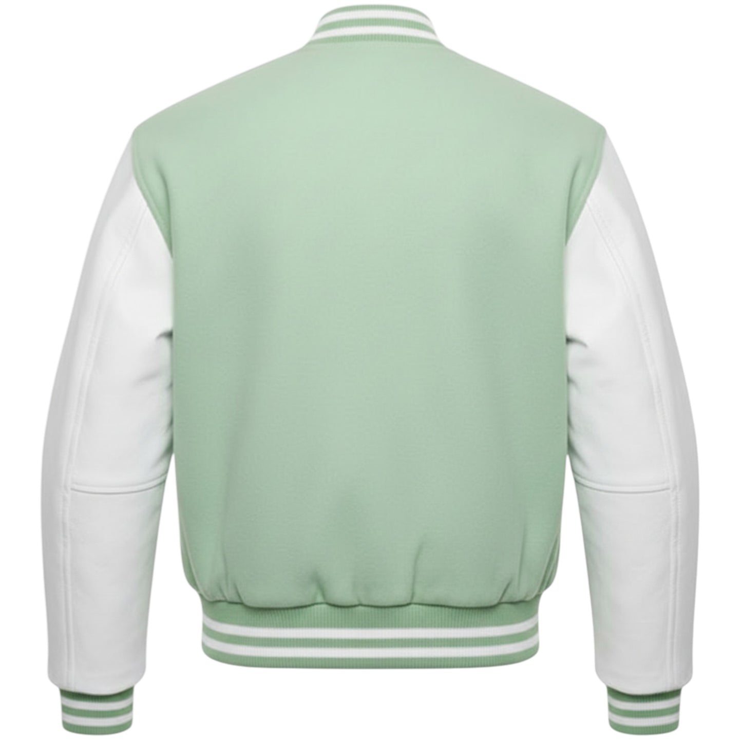 Light green varsity jacket with white sleeves on a white background