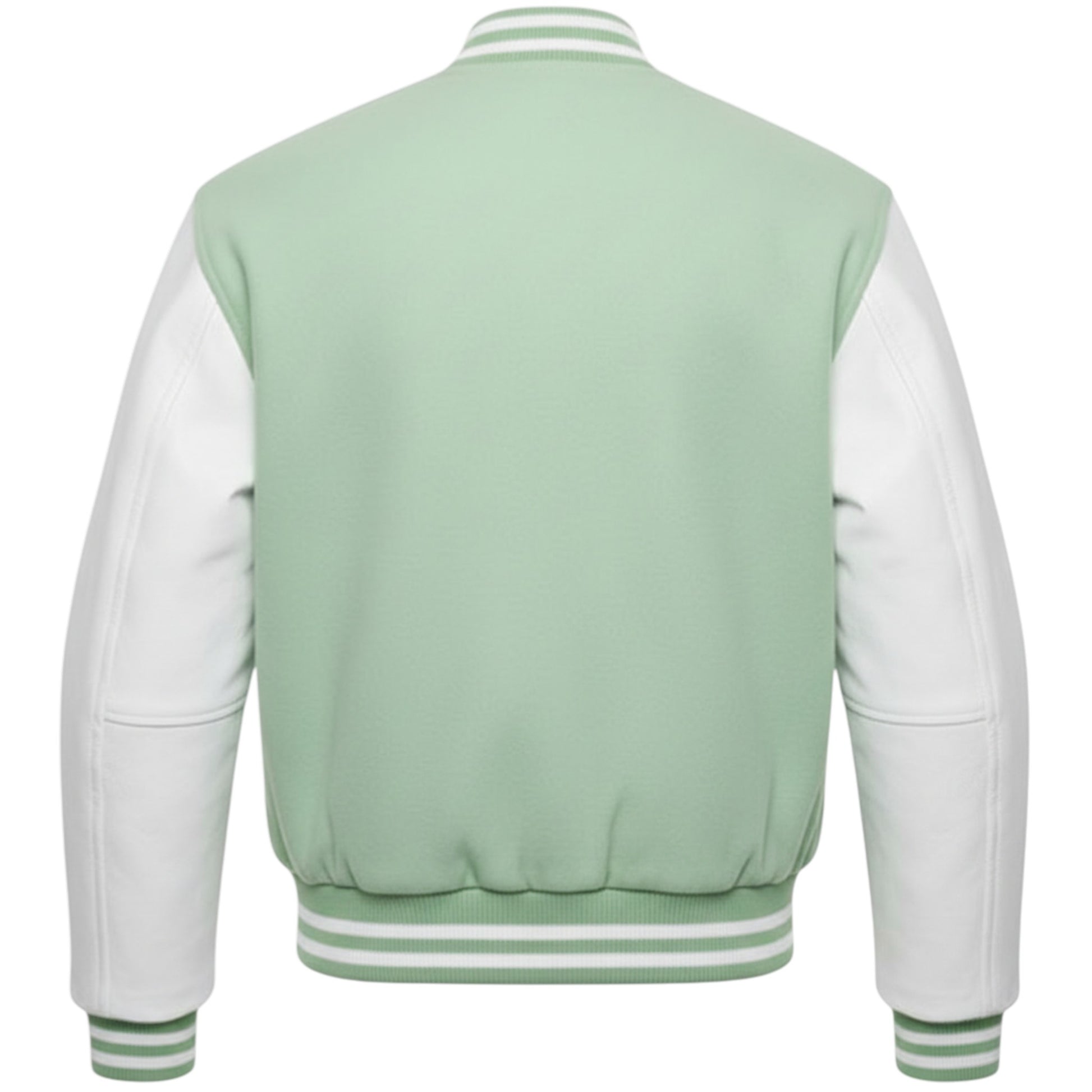 Light green varsity jacket with white sleeves on a white background