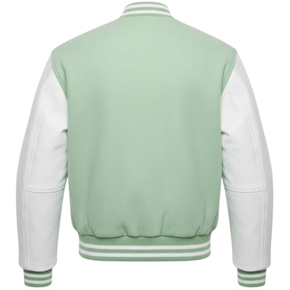 Light green varsity jacket with white sleeves on a white background