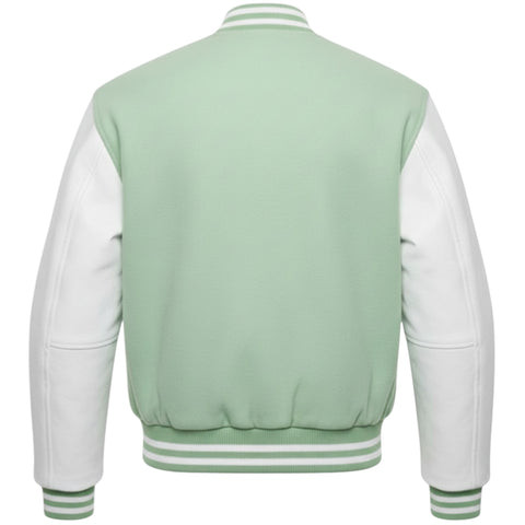 Light green varsity jacket with white sleeves on a white background