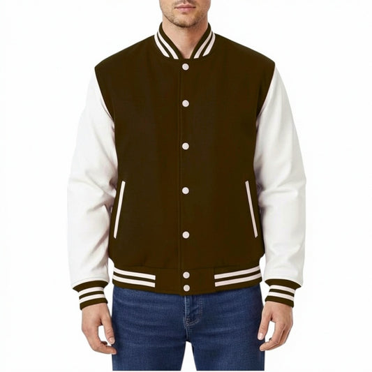 Brown and white varsity jacket worn by a person on a white background