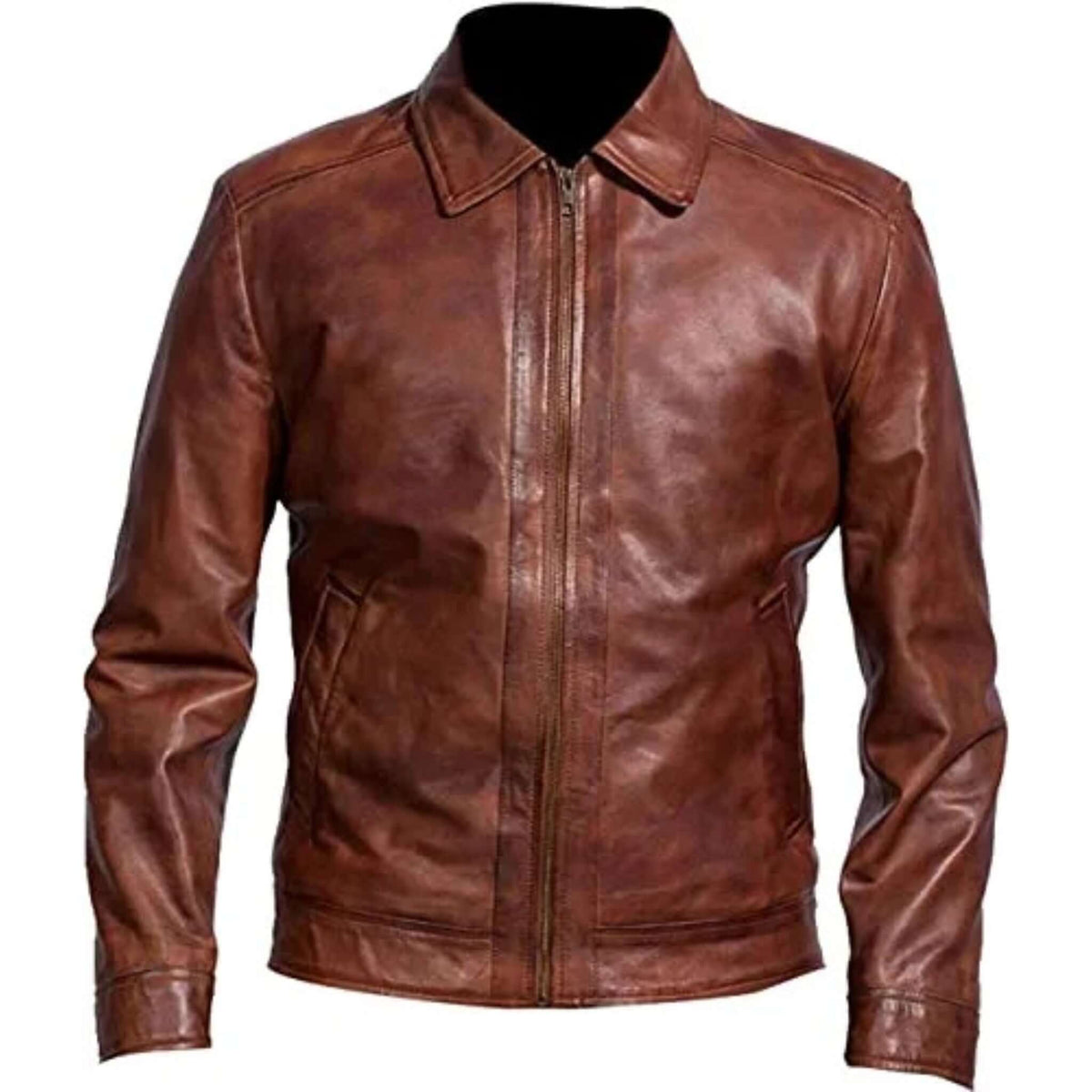 Men Premium Brown Leather Jacket Harrington Collar Style