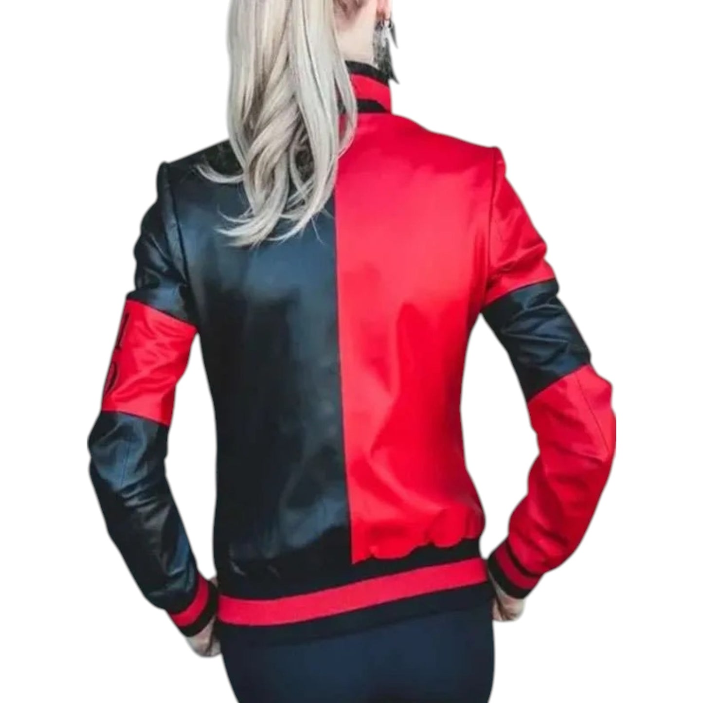 Red and black jacket worn by a person with white hair on a white background