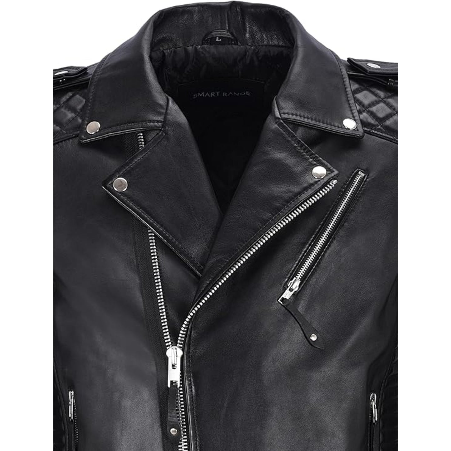 Black leather jacket with silver zippers on a white background