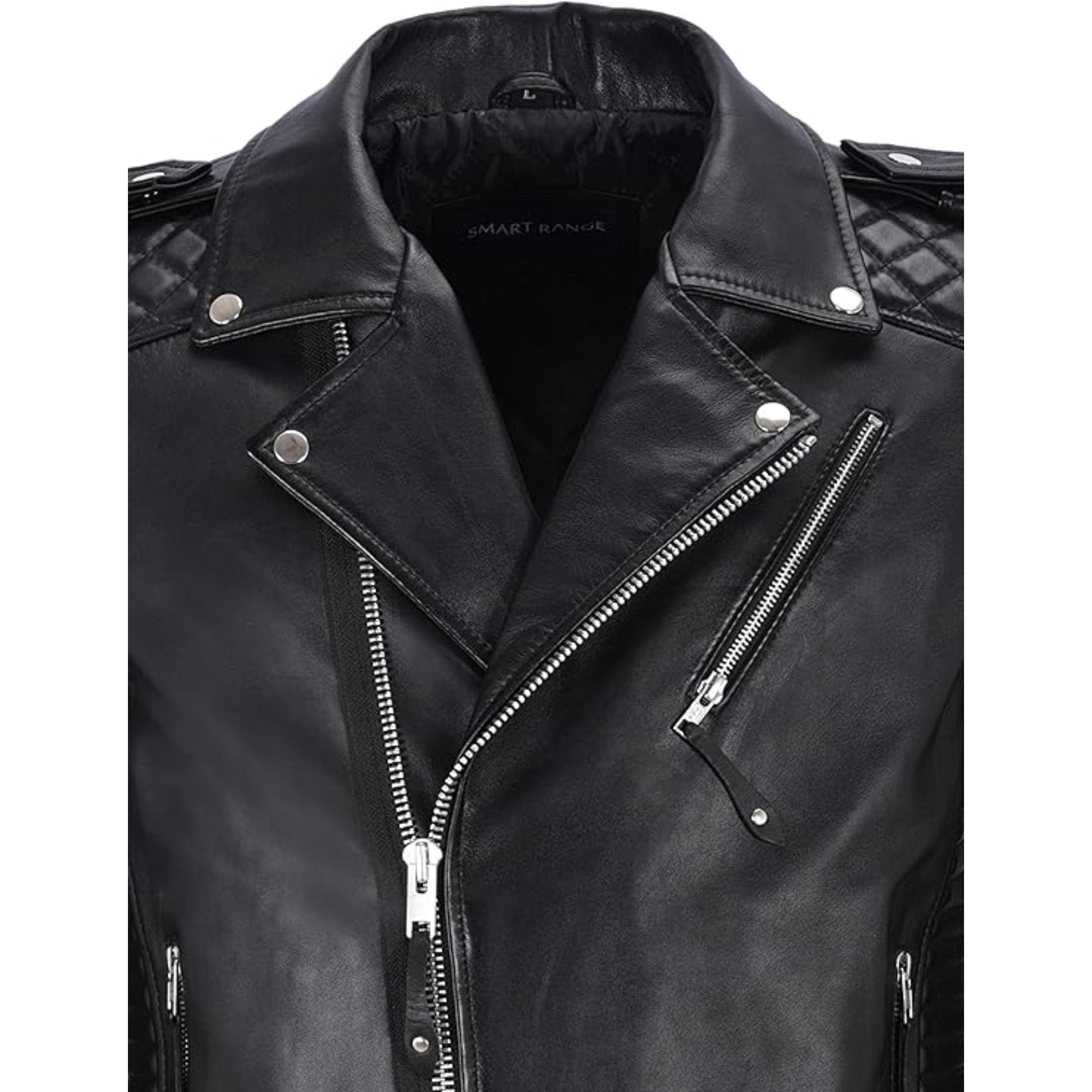 Black leather jacket with silver zippers on a white background