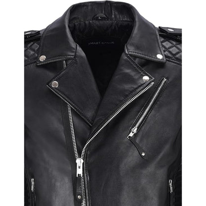 Black leather jacket with silver zippers on a white background