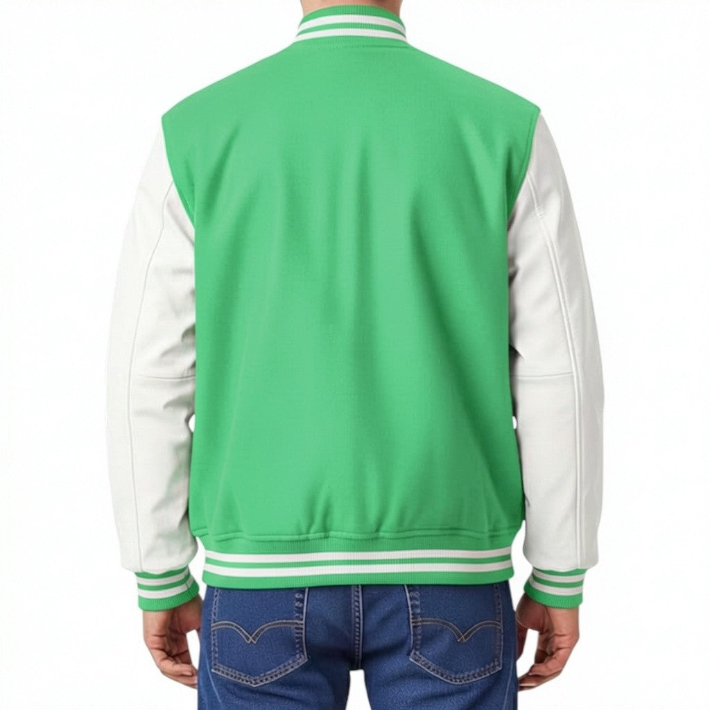 Green and white varsity jacket on a person with a white background