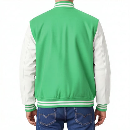 Green and white varsity jacket on a person with a white background