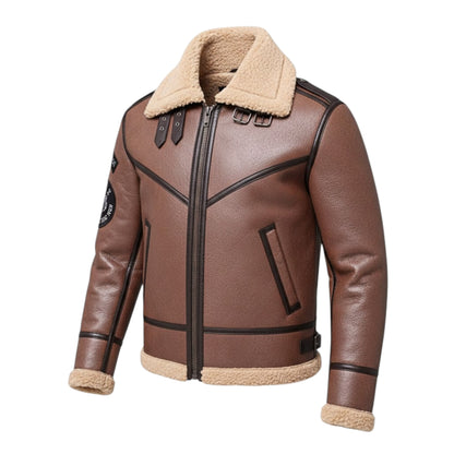 Brown leather jacket with beige shearling collar and cuffs on a white background