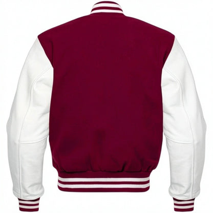 Red and white varsity jacket on a white background