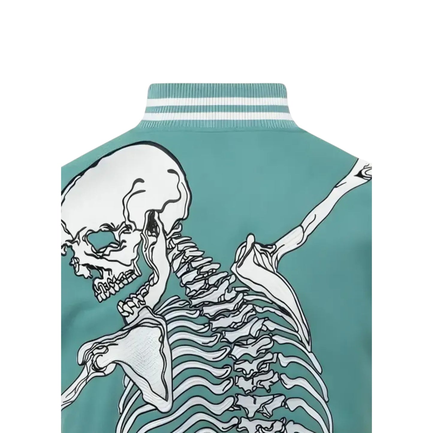 Teal jacket with a white skeleton design on a white background