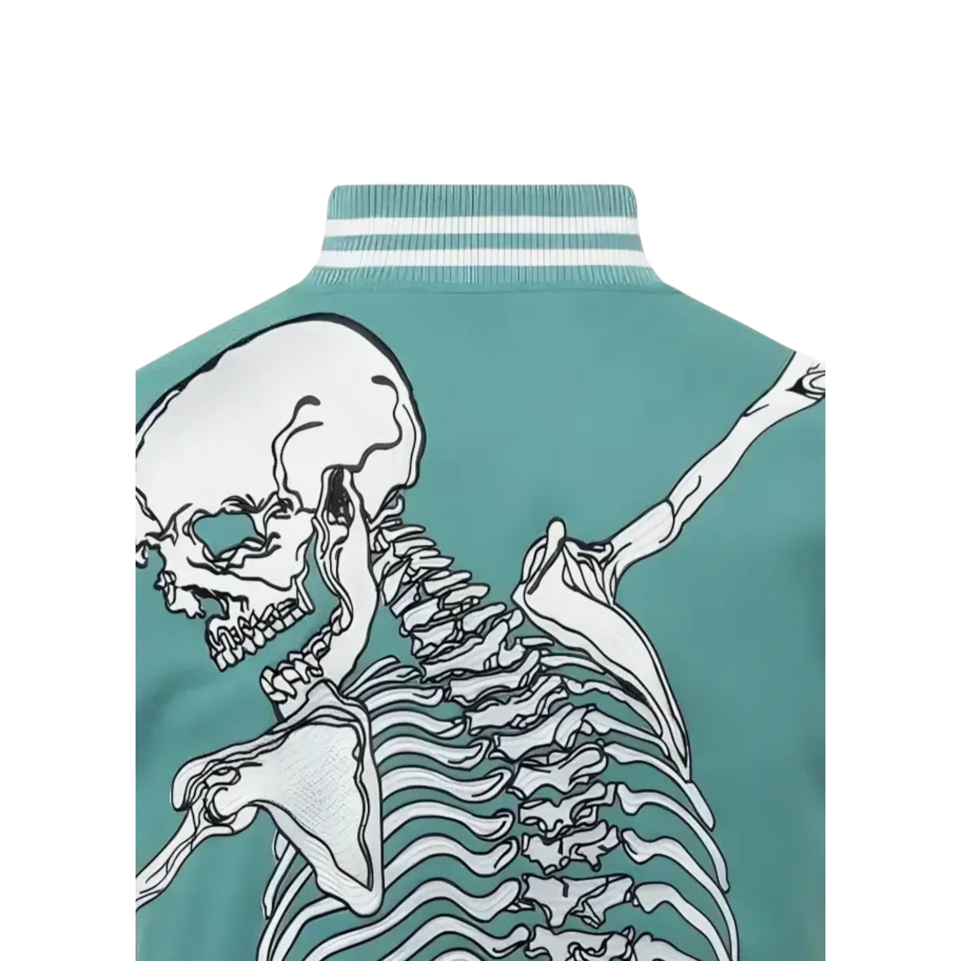 Teal jacket with a white skeleton design on a white background