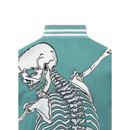 Teal jacket with a white skeleton design on a white background