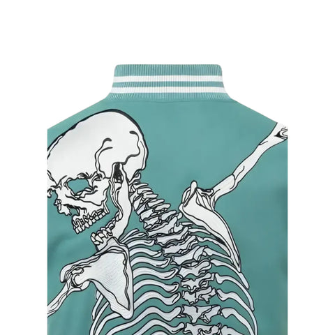 Teal jacket with a white skeleton design on a white background
