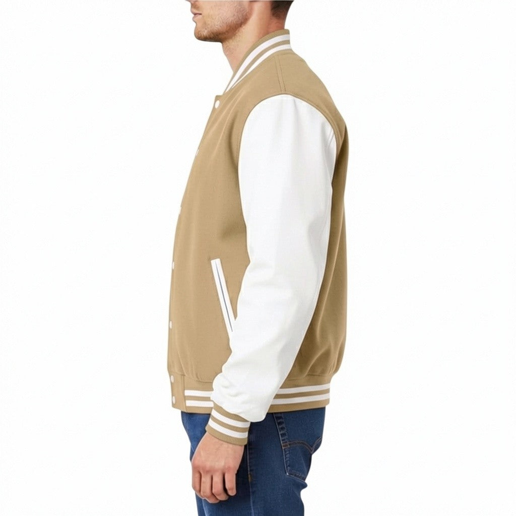 Man wearing a beige and white varsity jacket on a white background
