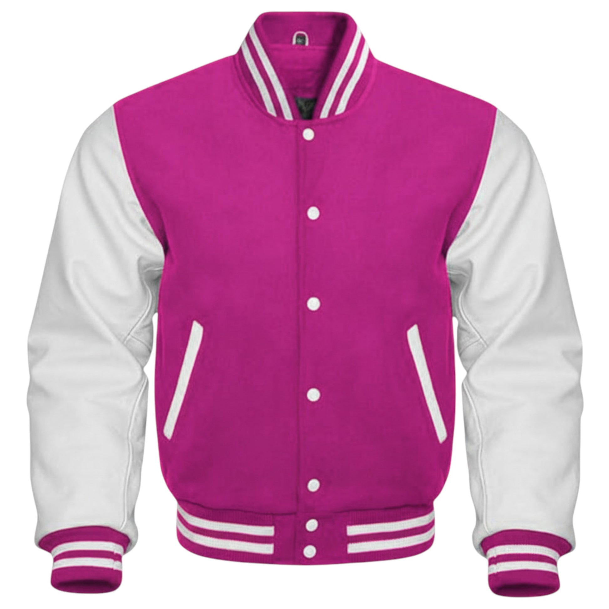 Pink and white varsity jacket on a white background