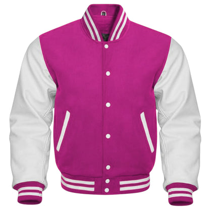 Pink and white varsity jacket on a white background
