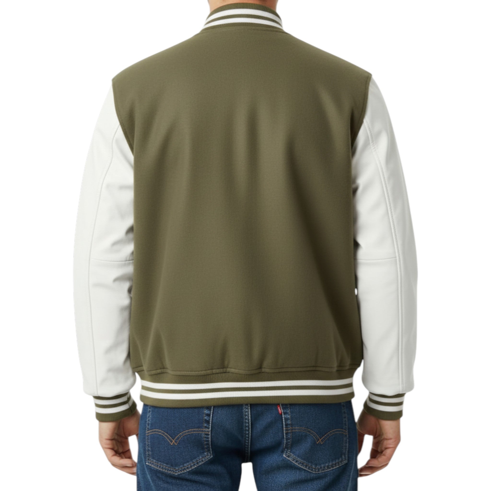 Green and white varsity jacket on a person with a white background