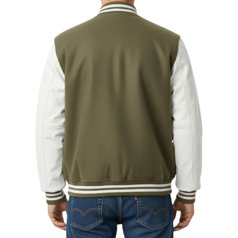 Green and white varsity jacket on a person with a white background