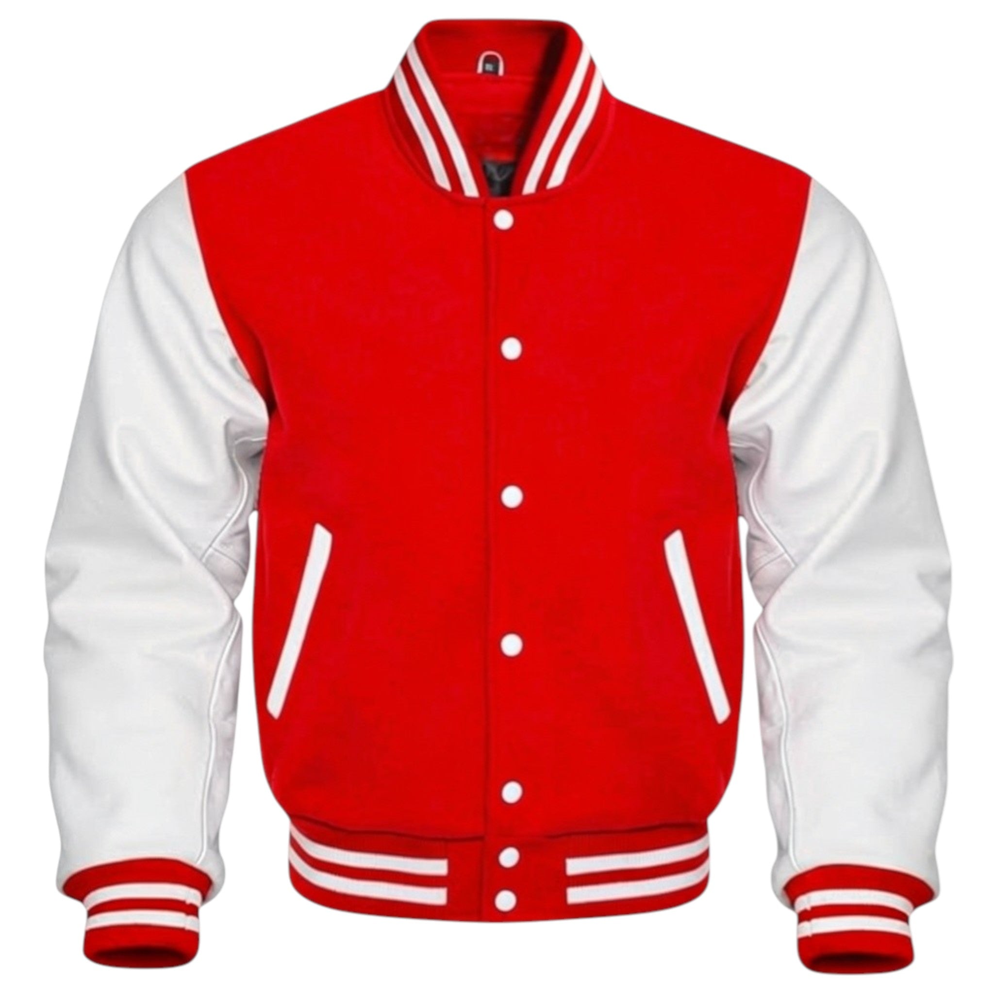 Red and white varsity jacket on a white background