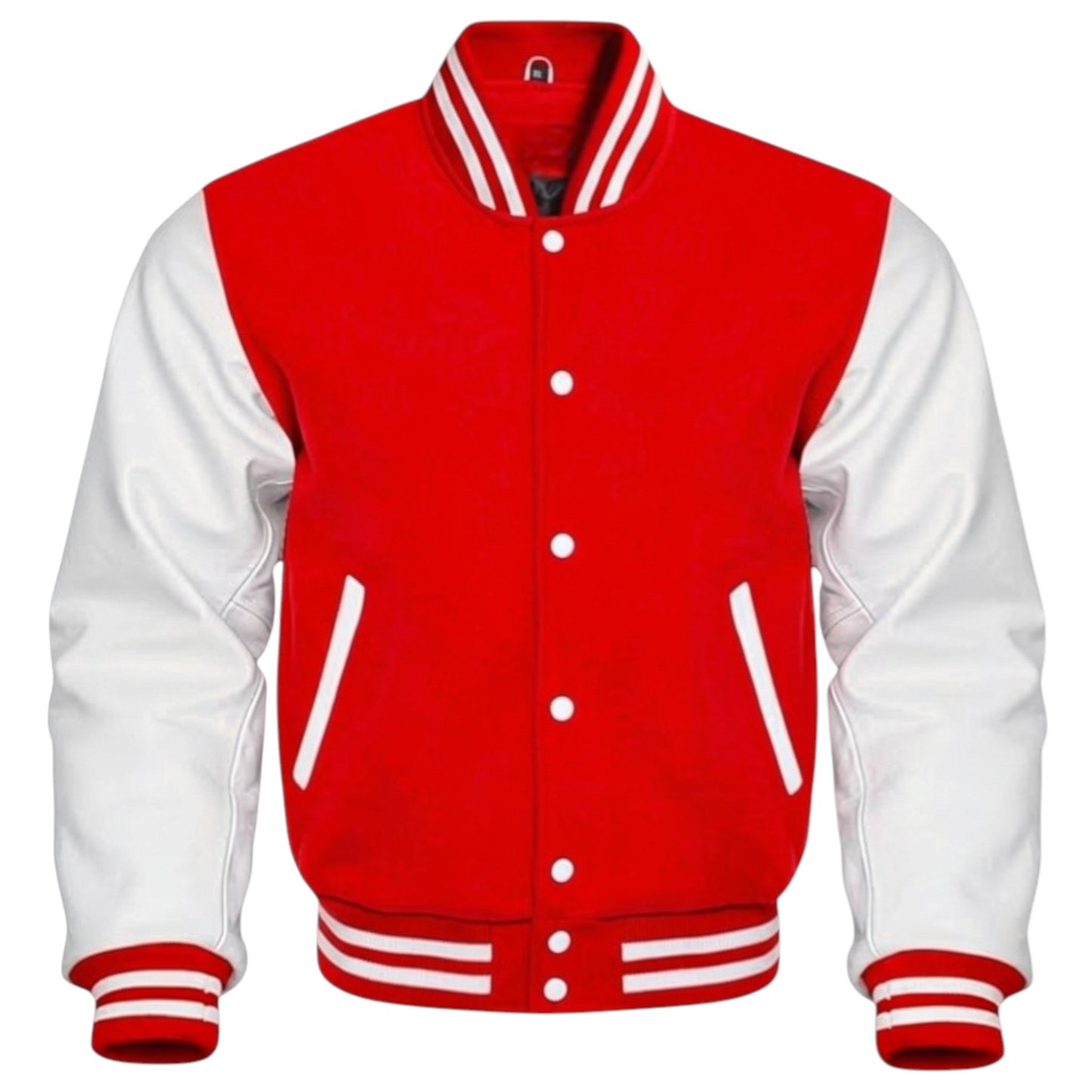 Red and white varsity jacket on a white background