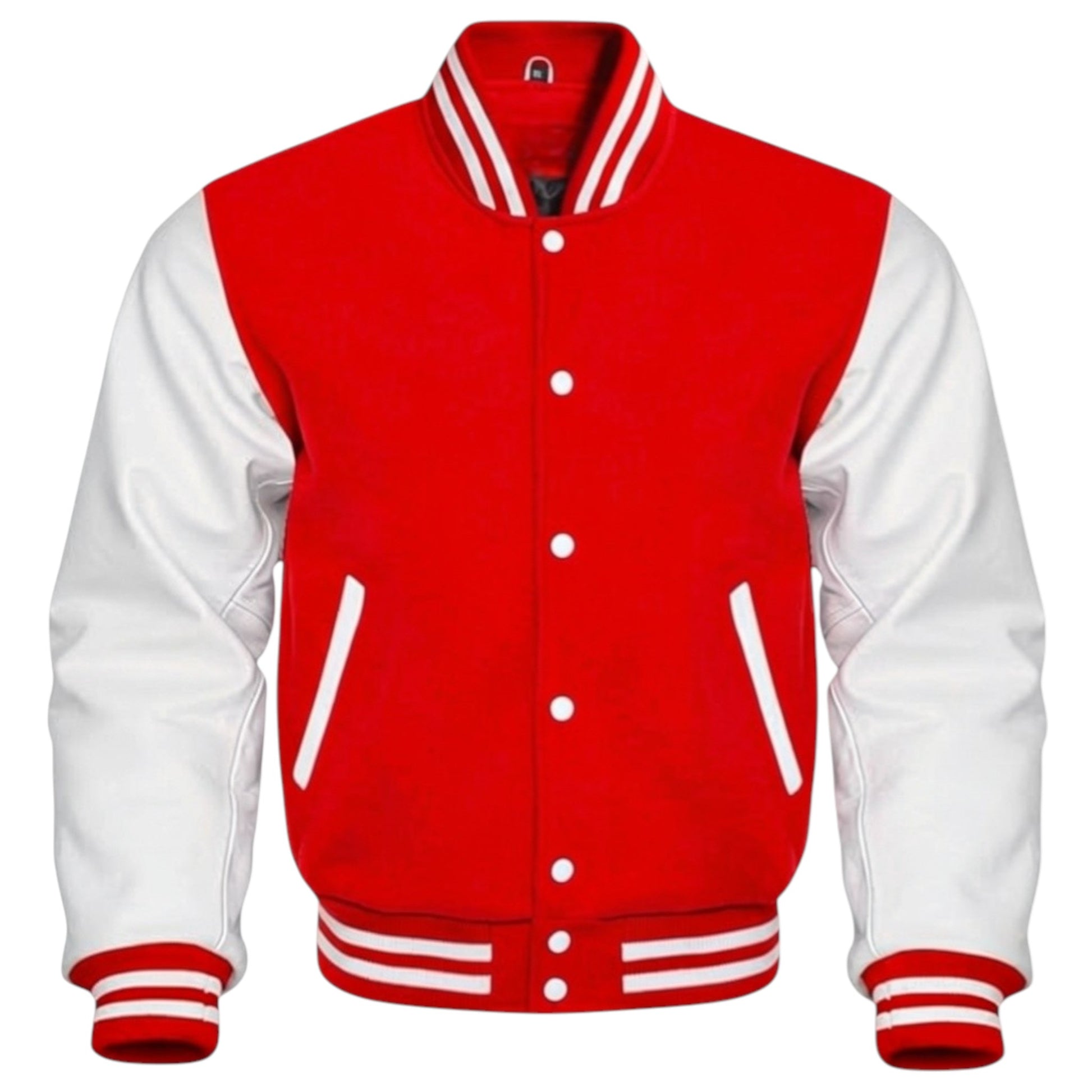 Red and white varsity jacket on a white background