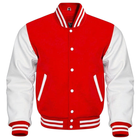 Red and white varsity jacket on a white background