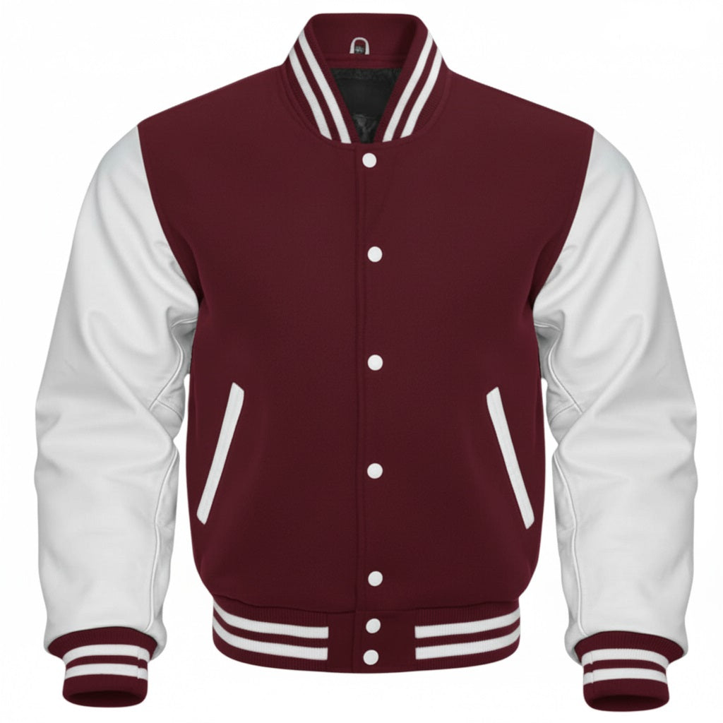 Maroon and white varsity jacket on a white background