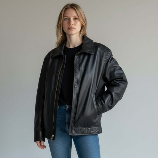 Retro Oversized 90s Black Leather Jacket for Women