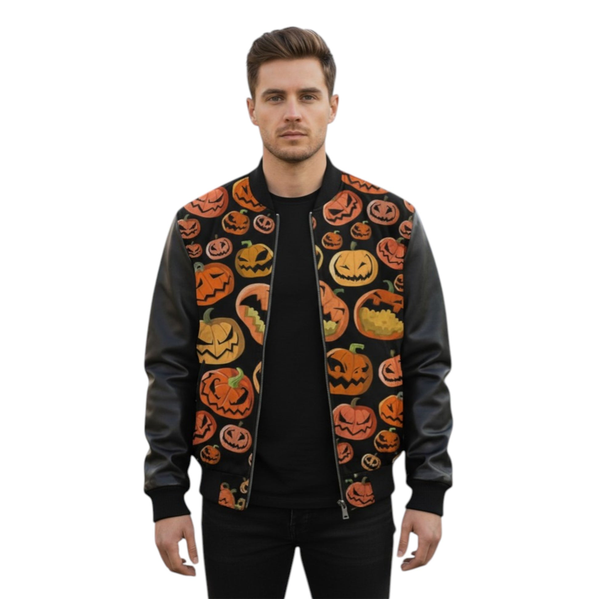 Man wearing a black bomber jacket with Halloween pumpkin pattern on a white background