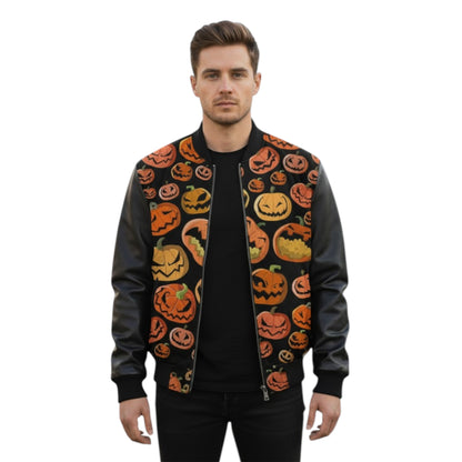 Man wearing a black bomber jacket with Halloween pumpkin pattern on a white background