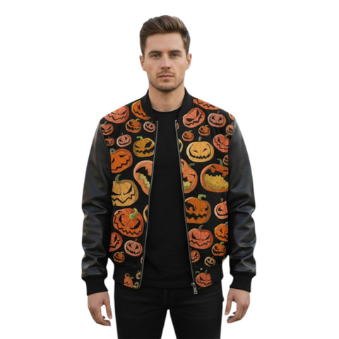Man wearing a black bomber jacket with Halloween pumpkin pattern on a white background