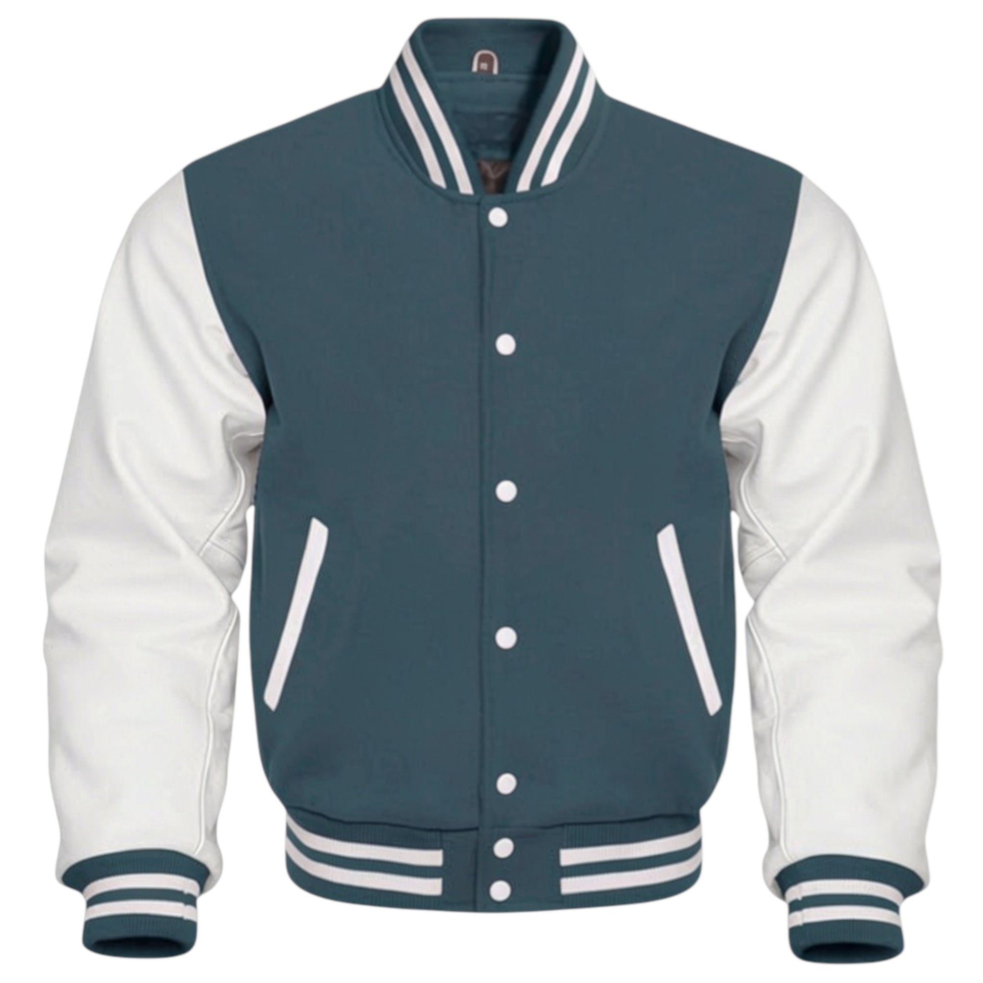 Gray and white varsity jacket with button details on a white background