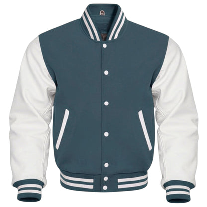 Gray and white varsity jacket with button details on a white background