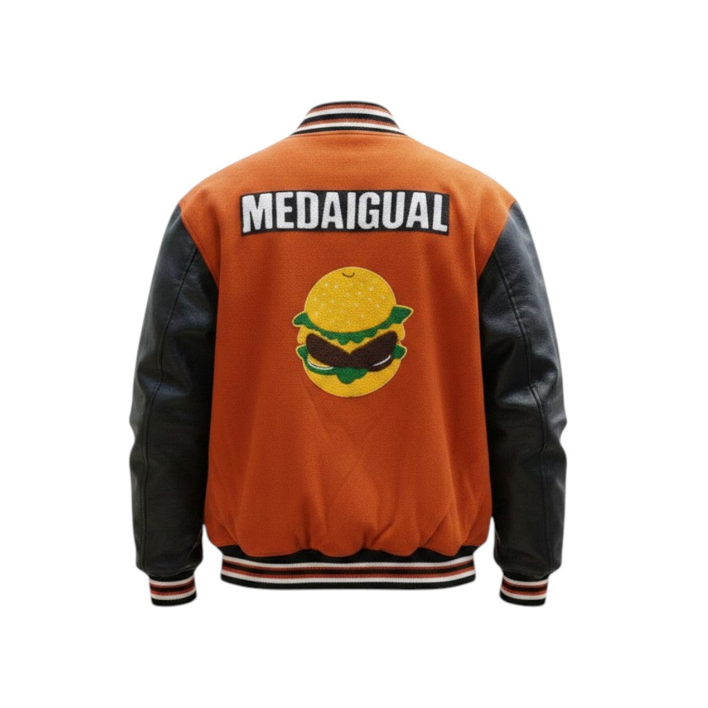 Orange and black jacket with a burger graphic and 'MEDAIGUAL' text on the back.