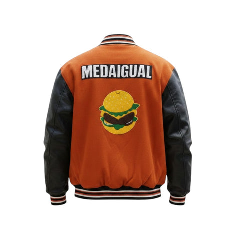Orange and black jacket with a burger graphic and 'MEDAIGUAL' text on the back.