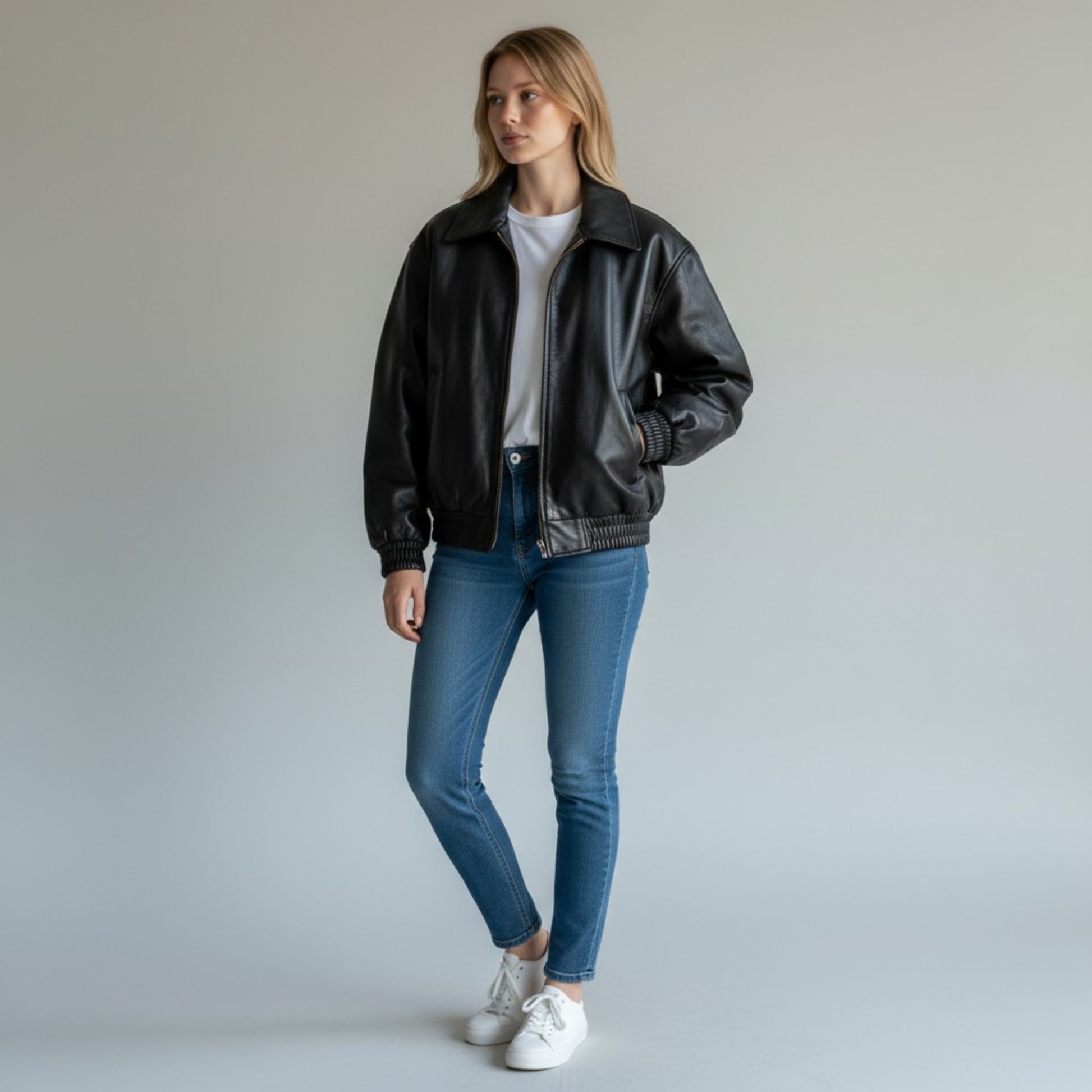 Classic Women Vintage Leather Bomber Oversize Jacket