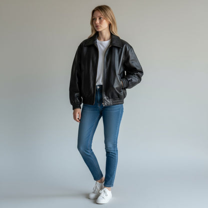 Classic Women Vintage Leather Bomber Oversize Jacket