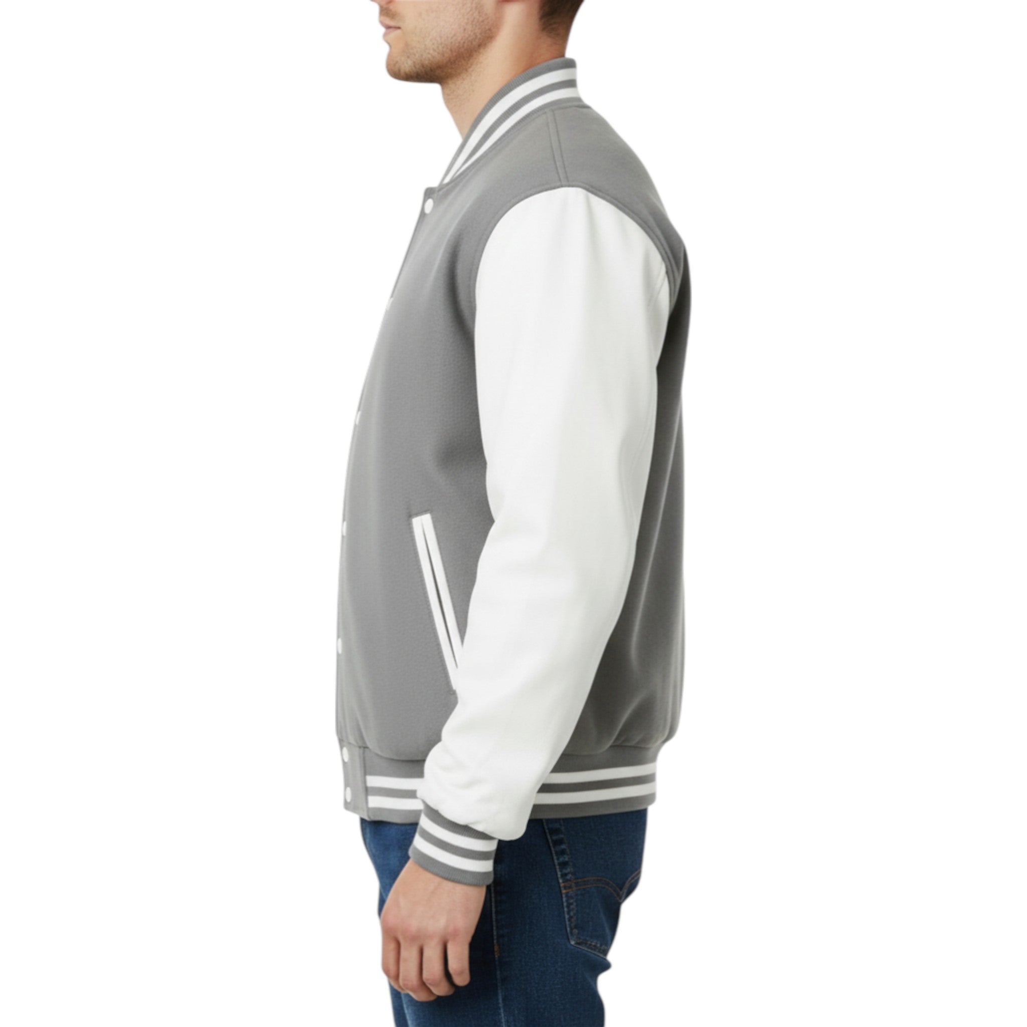 Gray and white varsity jacket worn by a person on a white background