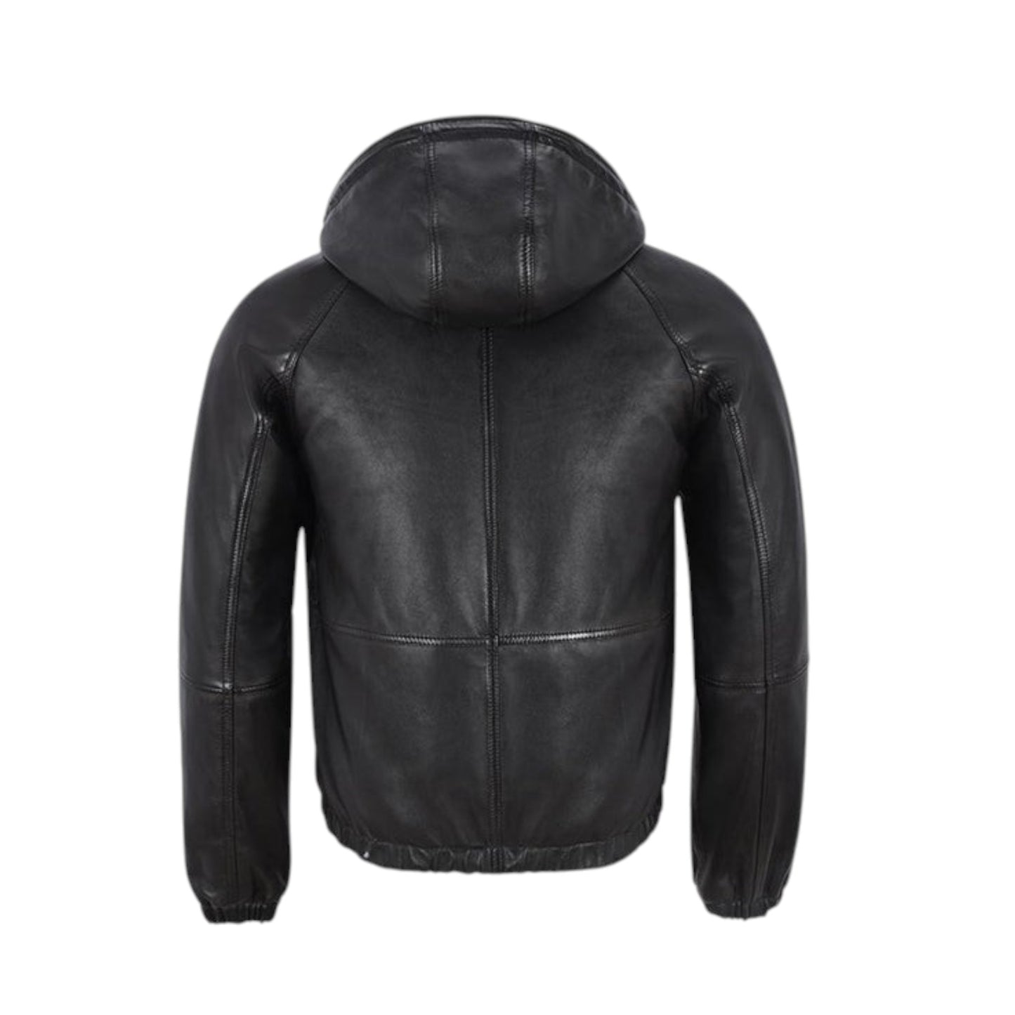 Black leather jacket with a hood on a white background