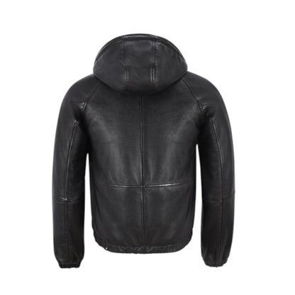 Black leather jacket with a hood on a white background