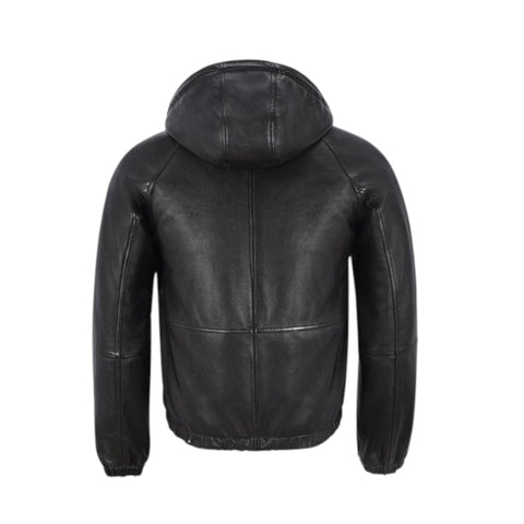 Black leather jacket with a hood on a white background