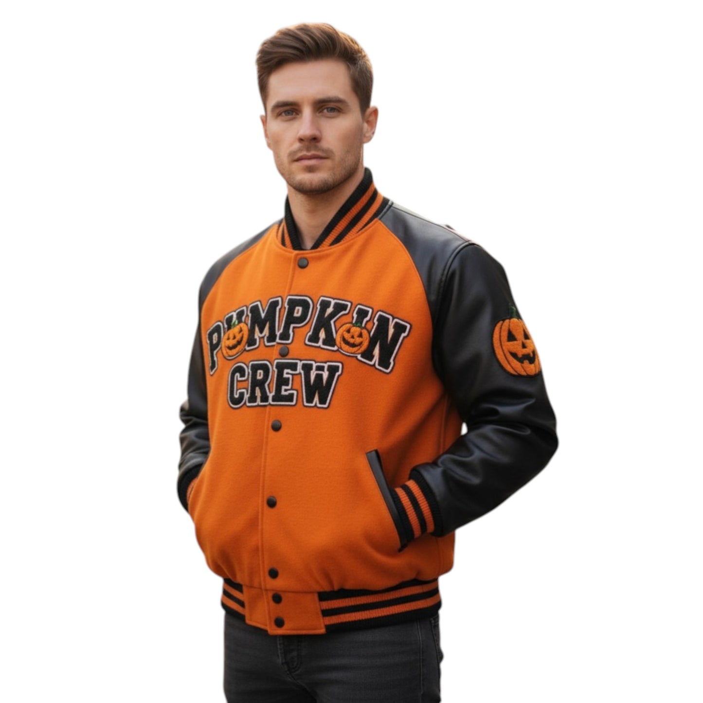 Man wearing an orange and black varsity jacket with 'Pumpkin Crew' text on a white background