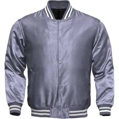 Gray satin bomber jacket with white and gray trim on a white background