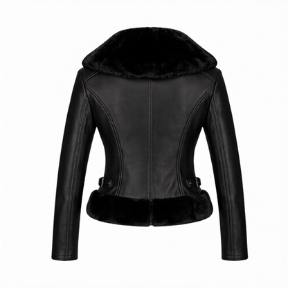 Black leather jacket with fur trim on a white background