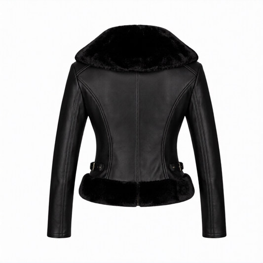 Black leather jacket with fur trim on a white background