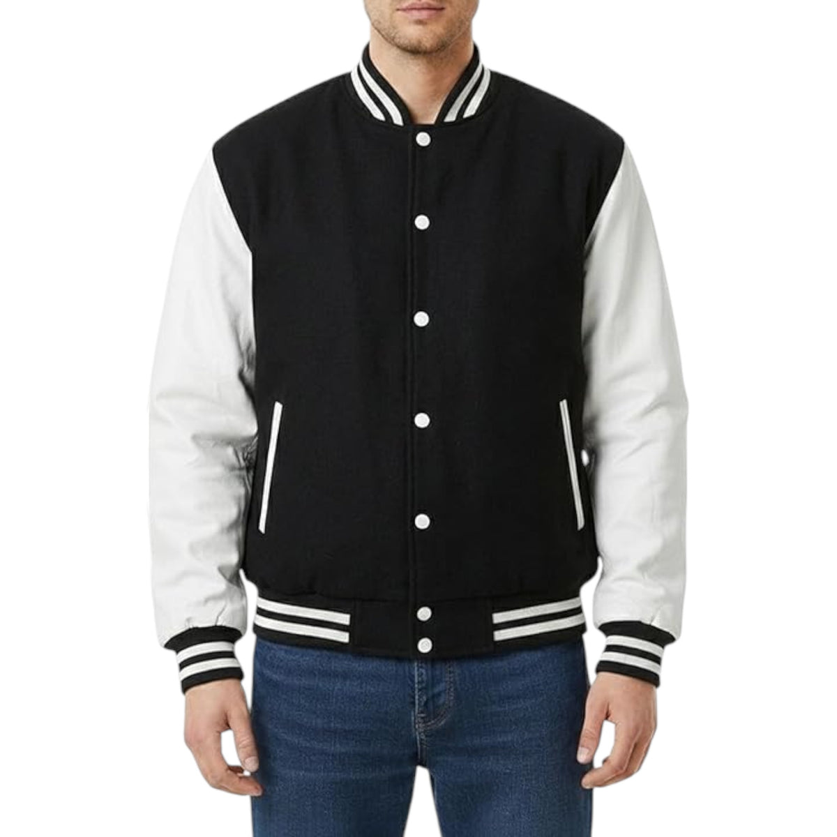 Black and white varsity jacket worn by a person on a white background