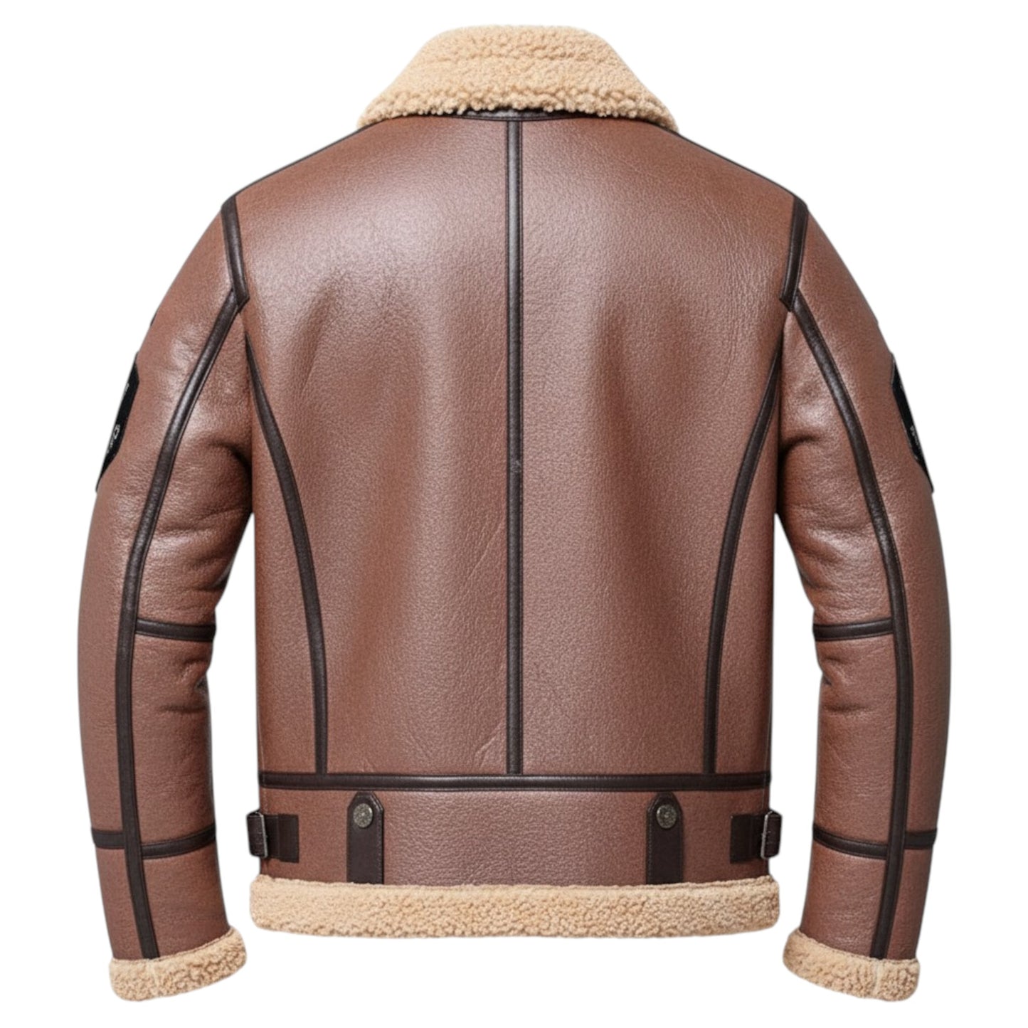 Brown leather jacket with beige fur lining on a white background