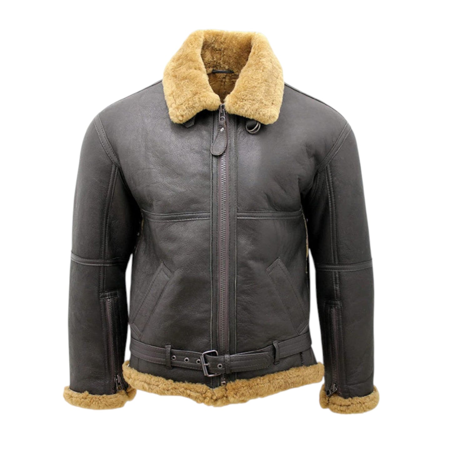 Brown leather jacket with beige fur collar and trim on a white background
